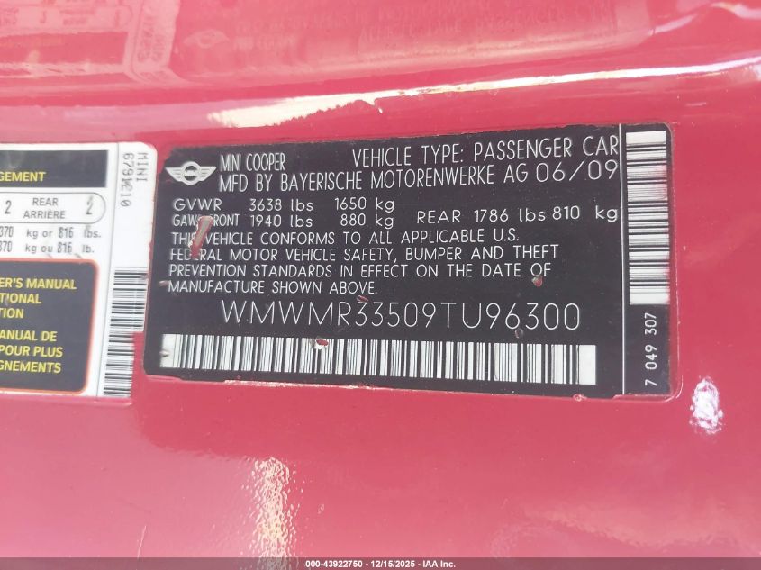 2009 Mini Cooper VIN: WMWMR33509TU96300 Lot: 43922750