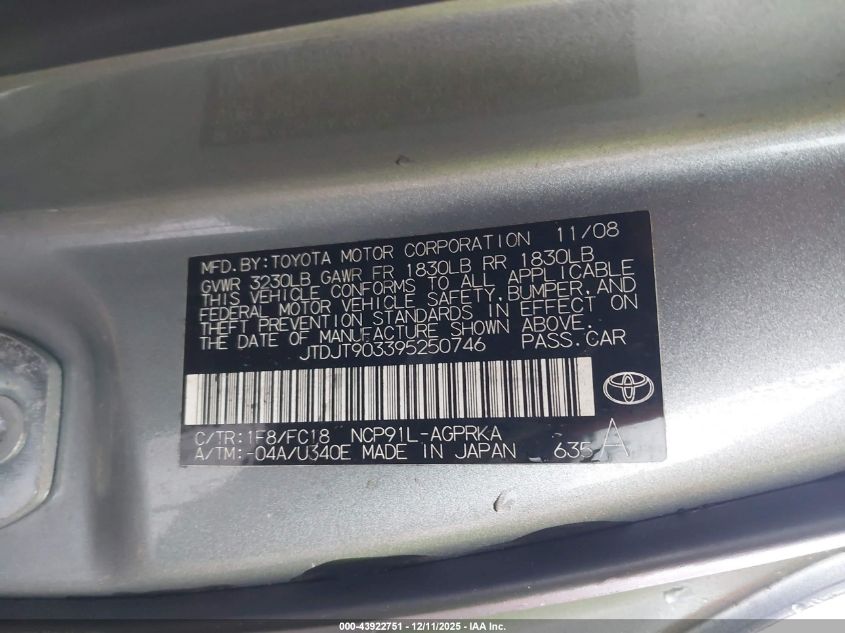 2009 Toyota Yaris VIN: JTDJT903395250746 Lot: 43922751