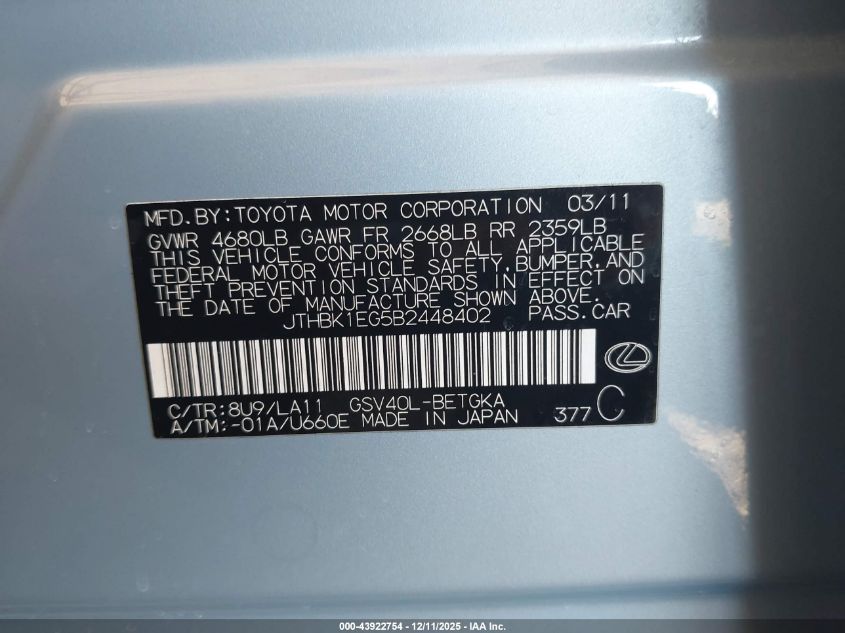 2011 Lexus Es 350 VIN: JTHBK1EG5B2448402 Lot: 43922754