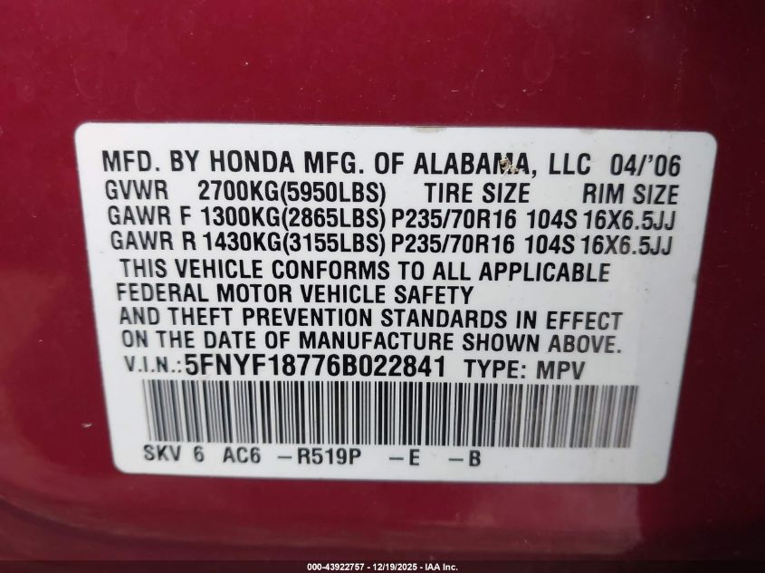 2006 Honda Pilot Ex-L VIN: 5FNYF18776B022841 Lot: 43922757