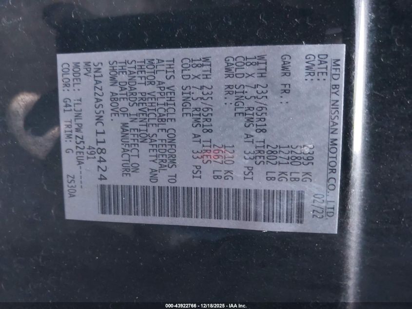 2022 Nissan Murano S Intelligent Awd VIN: 5N1AZ2AS5NC118424 Lot: 43922766