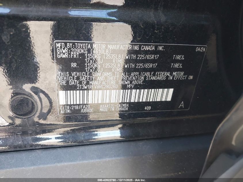 2024 Toyota Rav4 Xle VIN: 2T3W1RFV8RC280260 Lot: 43922768