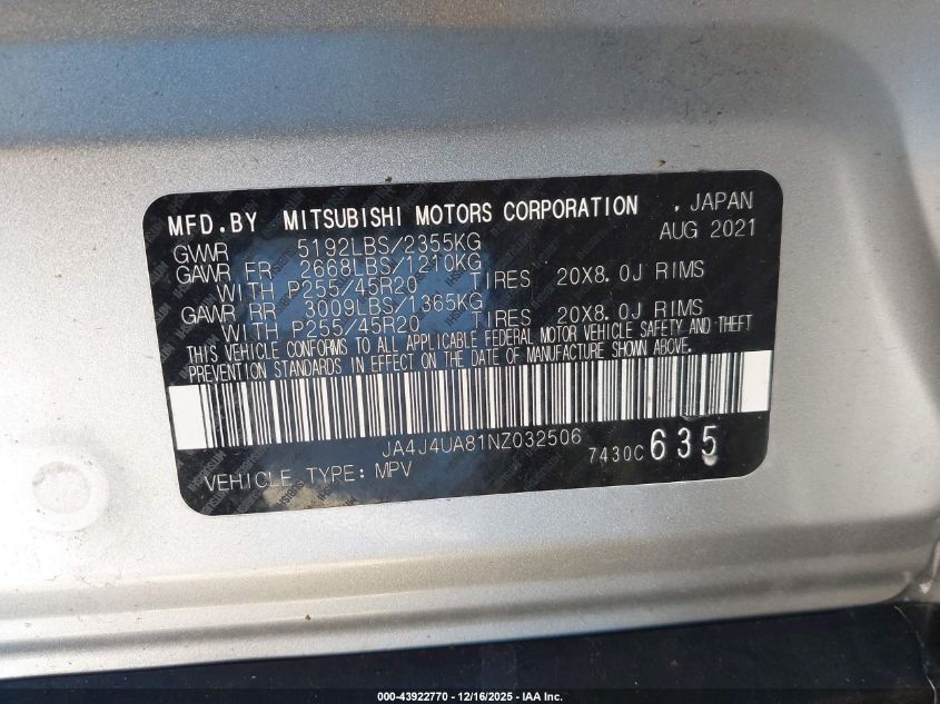 2022 Mitsubishi Outlander Black Edition S-Awc/Se 2.5 S-Awc/Se Launch Edition S-Awc VIN: JA4J4UA81NZ032506 Lot: 43922770