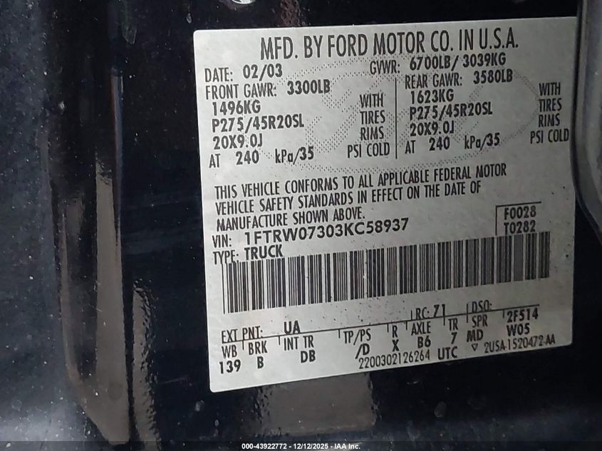 2003 Ford F-150 Lariat VIN: 1FTRW07303KC58937 Lot: 43922772