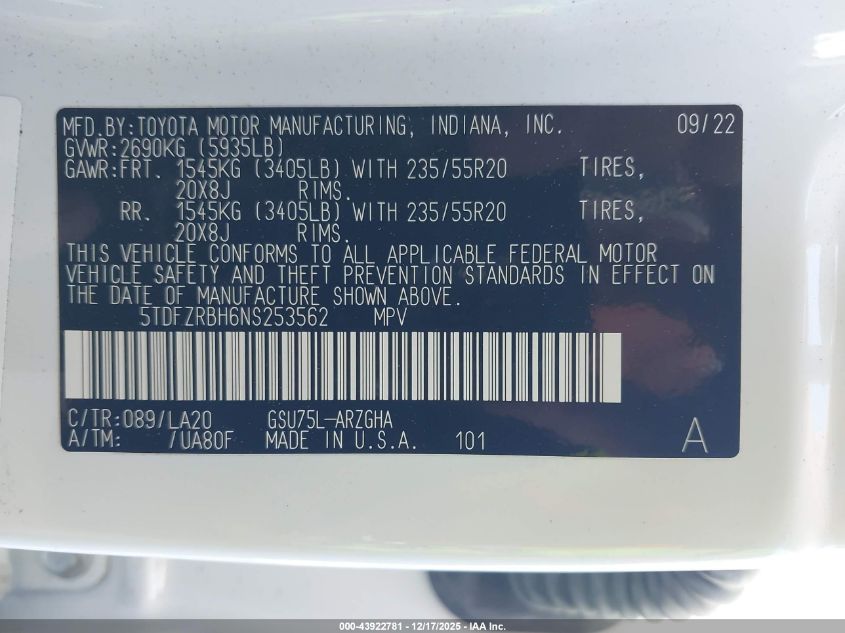 2022 Toyota Highlander Platinum VIN: 5TDFZRBH6NS253562 Lot: 43922781