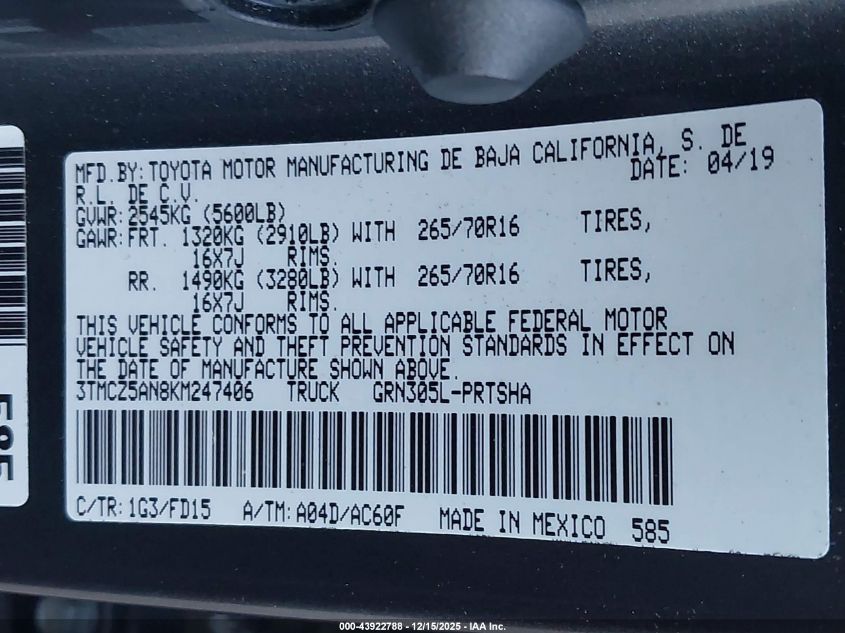 2019 Toyota Tacoma Trd Off Road VIN: 3TMCZ5AN8KM247406 Lot: 43922788