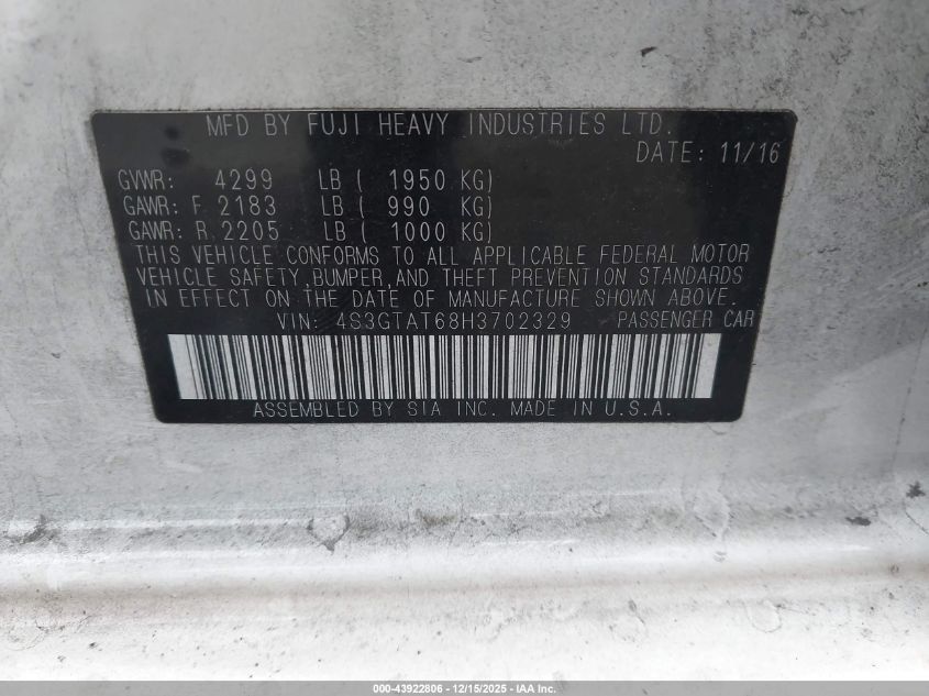 2017 Subaru Impreza 2.0I Limited VIN: 4S3GTAT68H3702329 Lot: 43922806