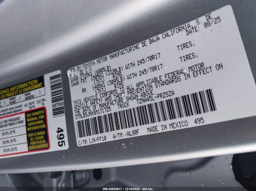 2025 Toyota Tacoma Sr5 VIN: 3TMLB5JNXSM171725 Lot: 43922817