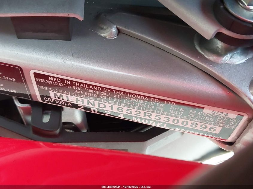 2024 Honda Crf300 La VIN: MLHND1652R5300896 Lot: 43922841