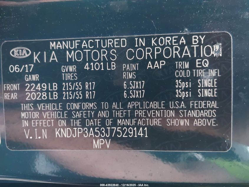 2018 Kia Soul + VIN: KNDJP3A53J7529141 Lot: 43922848