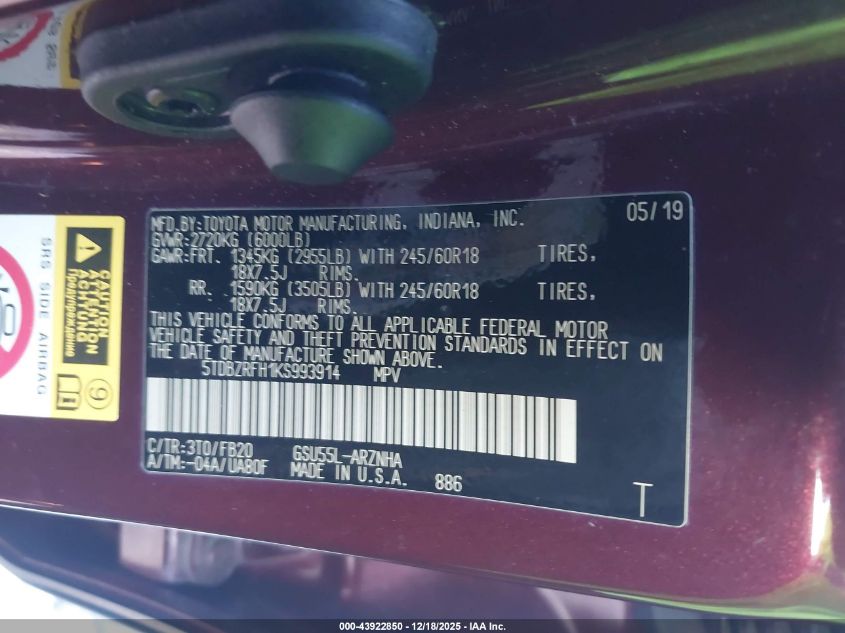 2019 Toyota Highlander Le VIN: 5TDBZRFH1KS993914 Lot: 43922850