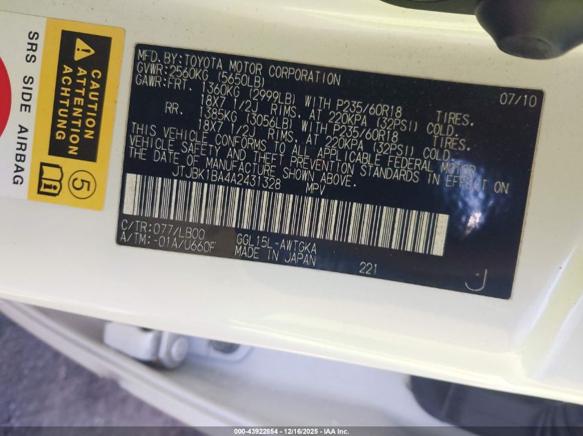 2010 Lexus Rx 350 VIN: JTJBK1BA4A2431328 Lot: 43922854