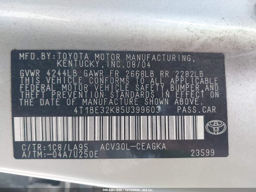 2005 Toyota Camry Xle VIN: 4T1BE32K85U399603 Lot: 43922856