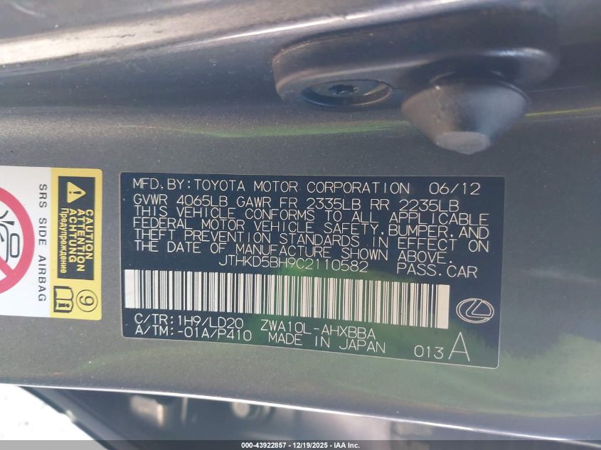 2012 Lexus Ct 200H Premium VIN: JTHKD5BH9C2110582 Lot: 43922857