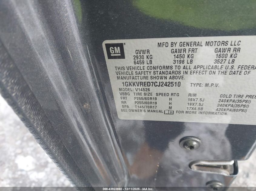 2012 GMC Acadia Slt-1 VIN: 1GKKVRED7CJ242510 Lot: 43922860
