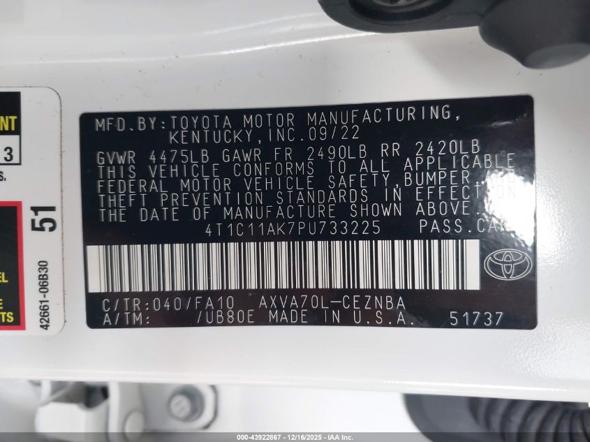 2023 Toyota Camry Le VIN: 4T1C11AK7PU733225 Lot: 43922867