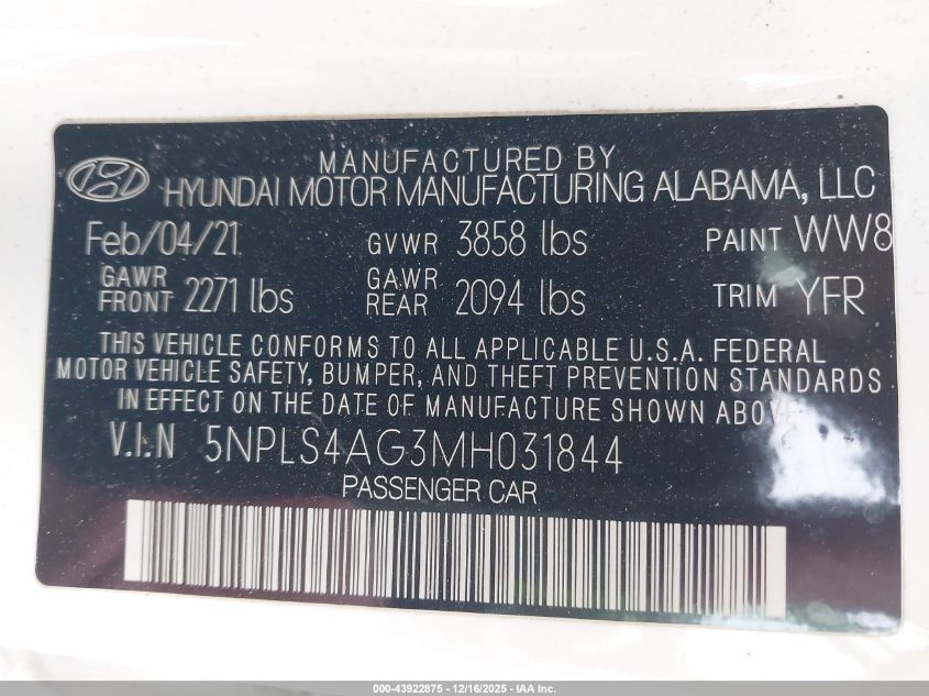 2021 Hyundai Elantra Sel VIN: 5NPLS4AG3MH031844 Lot: 43922875