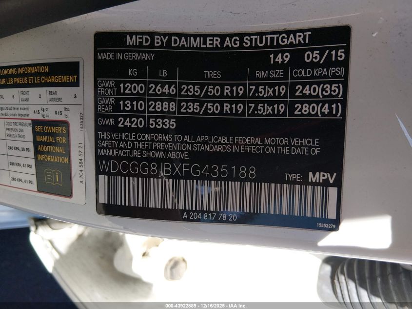 2015 Mercedes-Benz Glk 350 4Matic VIN: WDCGG8JBXFG435188 Lot: 43922889