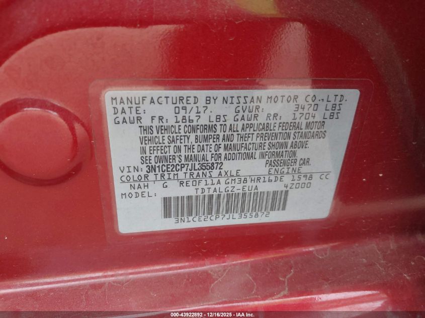 2018 Nissan Versa Note Sr VIN: 3N1CE2CP7JL355872 Lot: 43922892