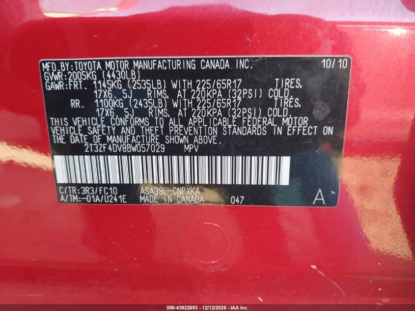 2011 Toyota Rav4 VIN: 2T3ZF4DV8BW057029 Lot: 43922893