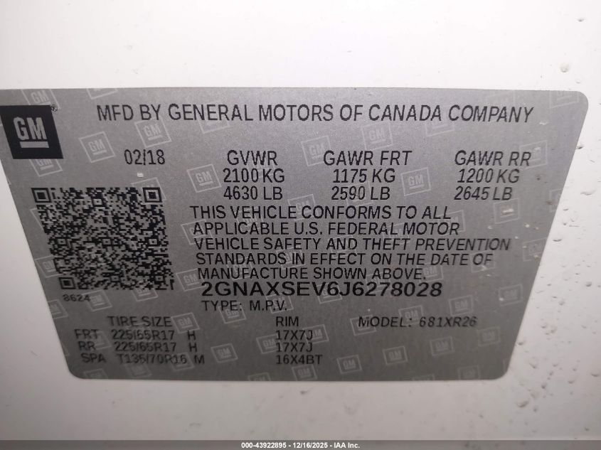 2018 Chevrolet Equinox Lt VIN: 2GNAXSEV6J6278028 Lot: 43922895
