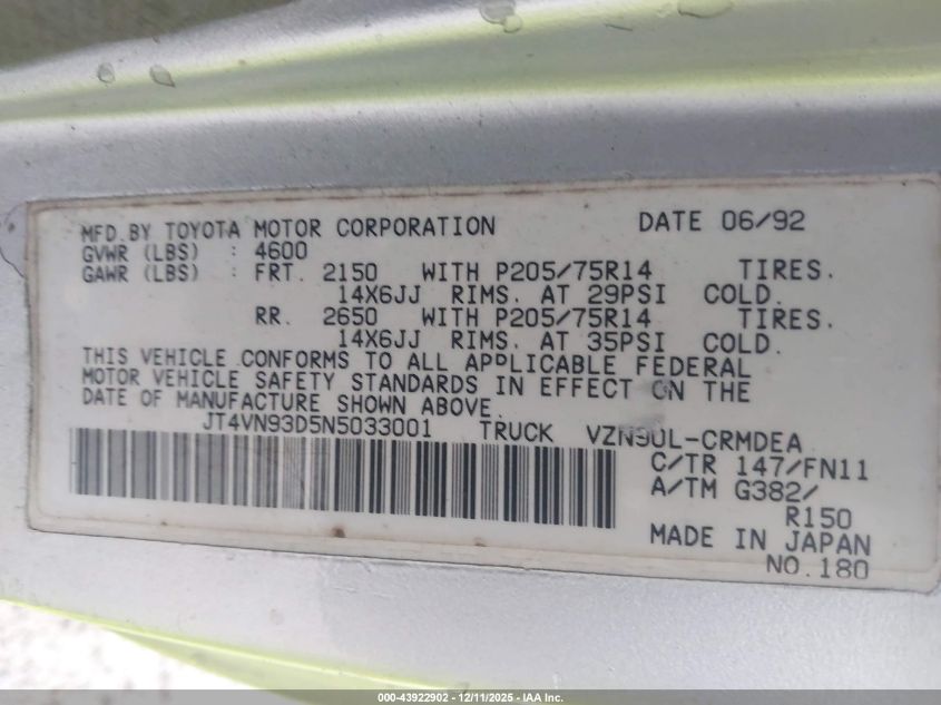 1992 Toyota Pickup 1/2 Ton Ex Lng Whlbse Dlx VIN: JT4VN93D5N5033001 Lot: 43922902