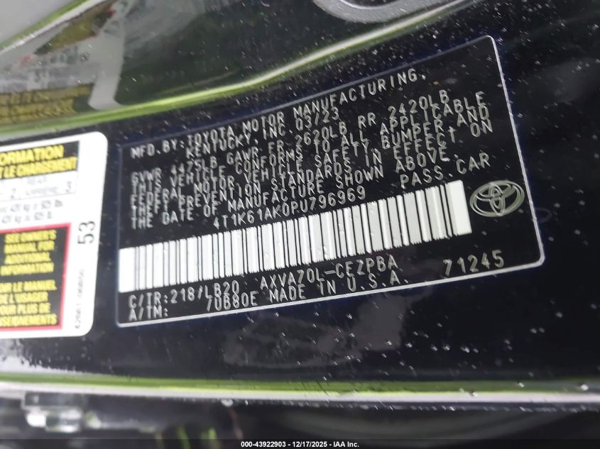 2023 Toyota Camry Xse VIN: 4T1K61AK0PU796969 Lot: 43922903