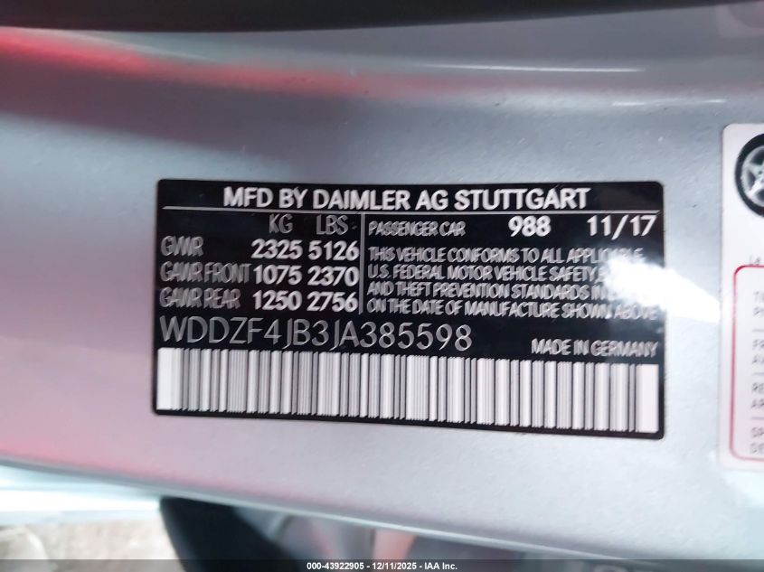 2018 Mercedes-Benz E 300 VIN: WDDZF4JB3JA385598 Lot: 43922905