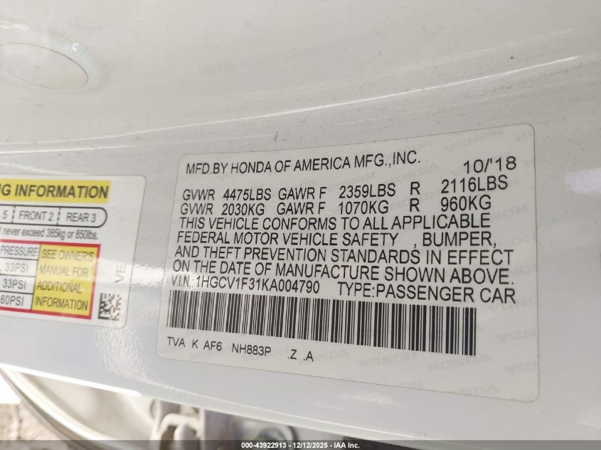 2019 Honda Accord Sport VIN: 1HGCV1F31KA004790 Lot: 43922913