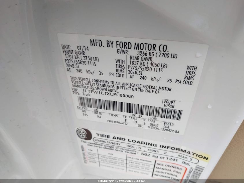 2014 Ford F-150 Lariat VIN: 1FTFW1ETXEFC69869 Lot: 43922919