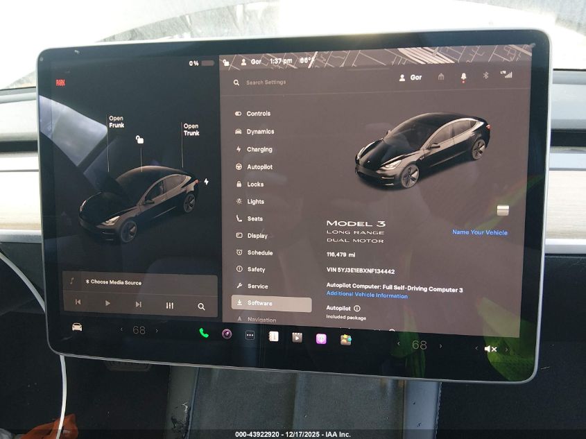 2022 Tesla Model 3 Long Range Dual Motor All-Wheel Drive VIN: 5YJ3E1EBXNF134442 Lot: 43922920