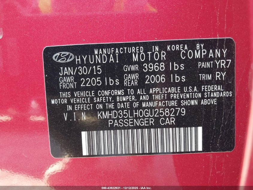 2016 Hyundai Elantra Gt VIN: KMHD35LH0GU258279 Lot: 43922921