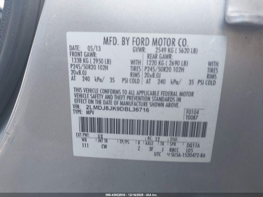 2013 Lincoln Mkx VIN: 2LMDJ8JK9DBL36716 Lot: 43922930