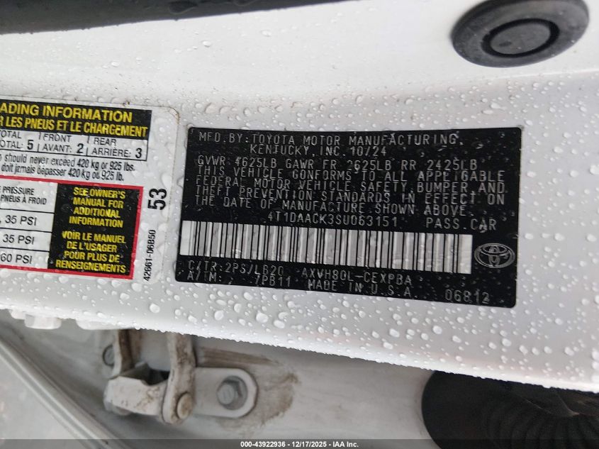 2025 Toyota Camry Xse VIN: 4T1DAACK3SU063151 Lot: 43922936