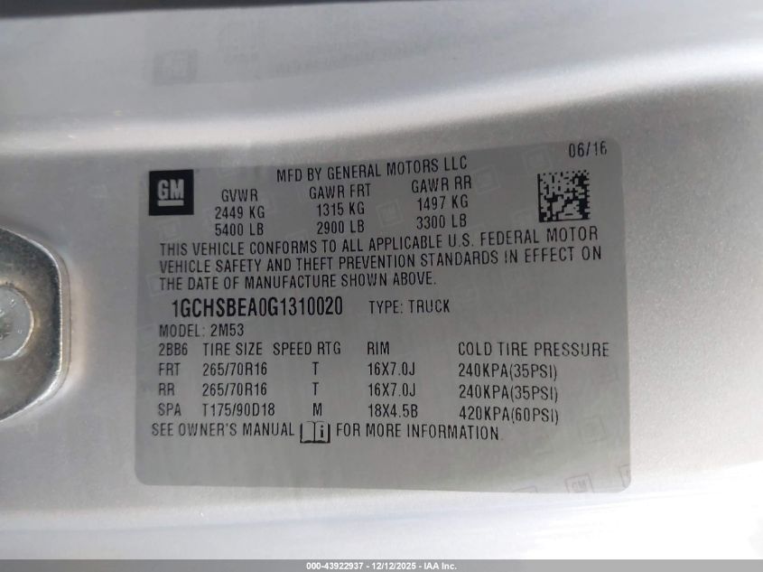 2016 Chevrolet Colorado Wt VIN: 1GCHSBEA0G1310020 Lot: 43922937