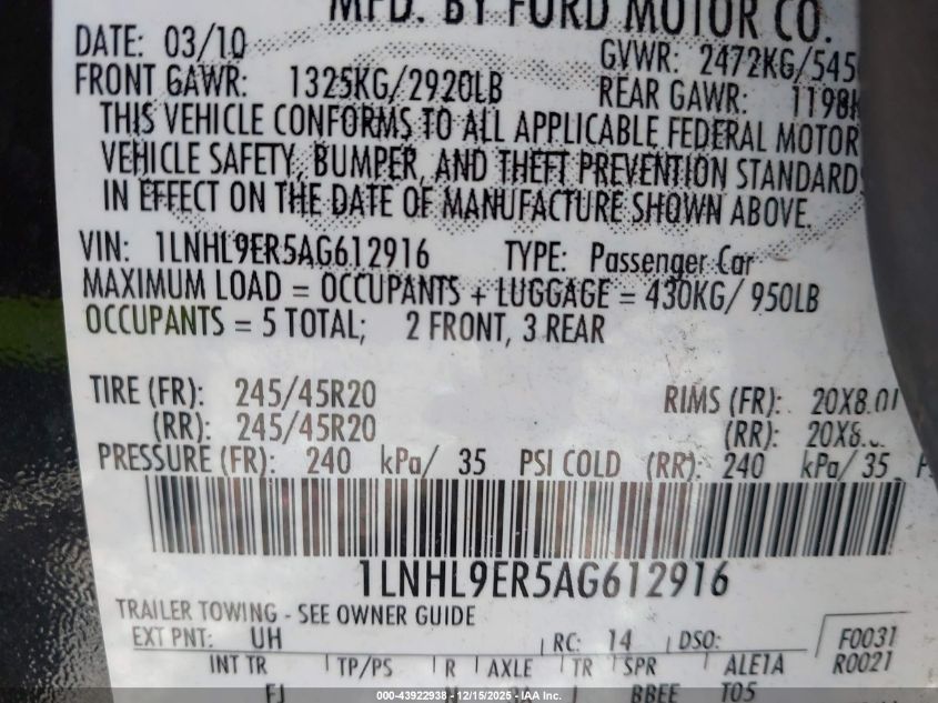 2010 Lincoln Mks VIN: 1LNHL9ER5AG612916 Lot: 43922938