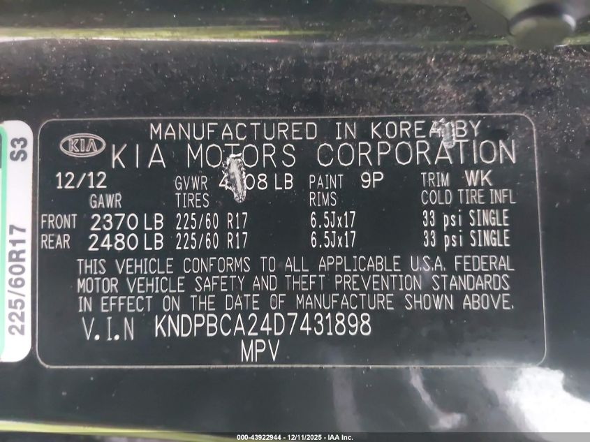 2013 Kia Sportage Lx VIN: KNDPBCA24D7431898 Lot: 43922944