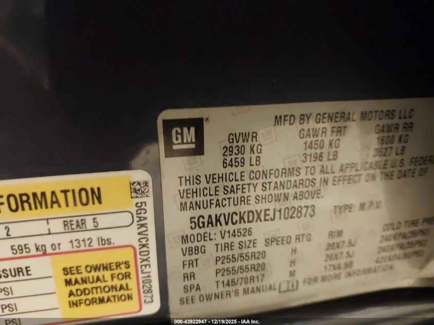 2014 Buick Enclave Premium VIN: 5GAKVCKDXEJ102873 Lot: 43922947