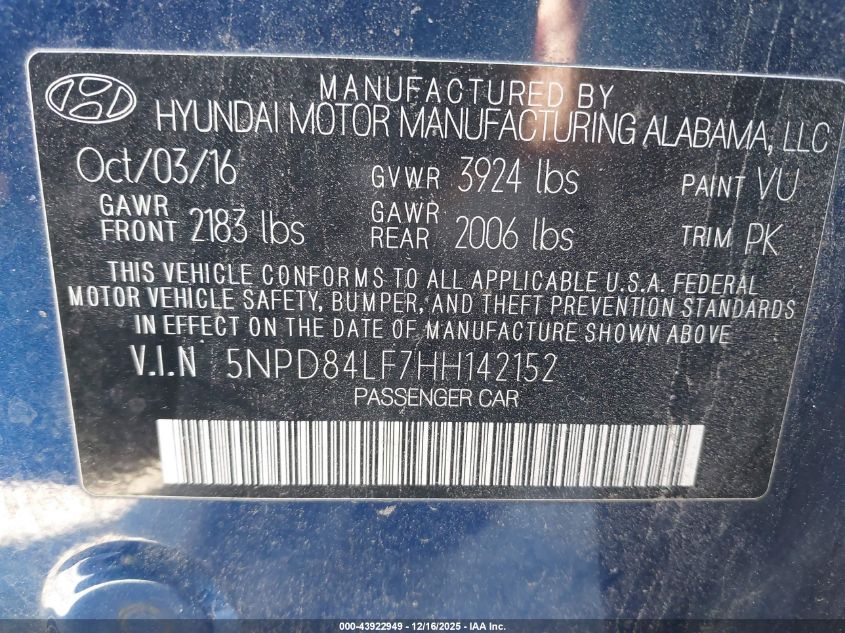 2017 Hyundai Elantra Se VIN: 5NPD84LF7HH142152 Lot: 43922949