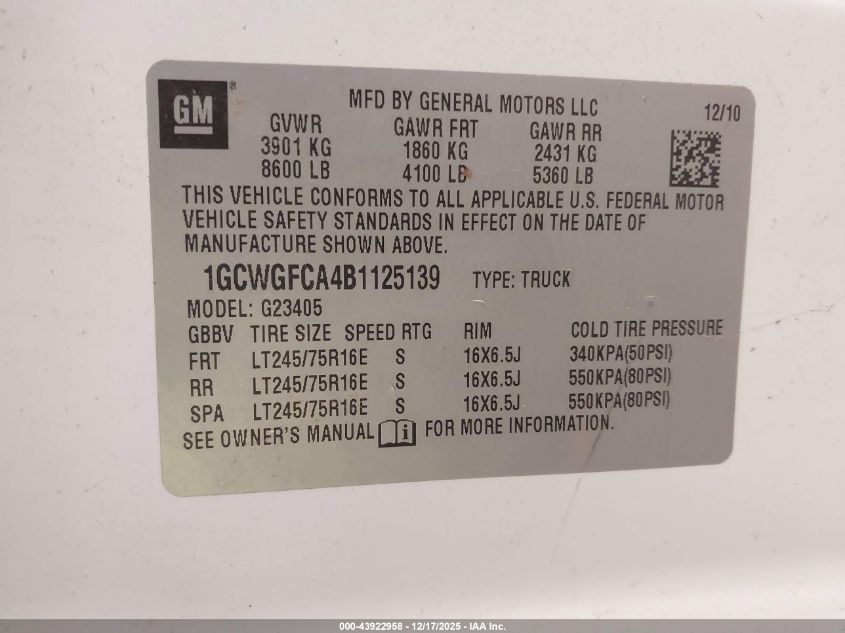 2011 Chevrolet Express 2500 Work Van VIN: 1GCWGFCA4B1125139 Lot: 43922958