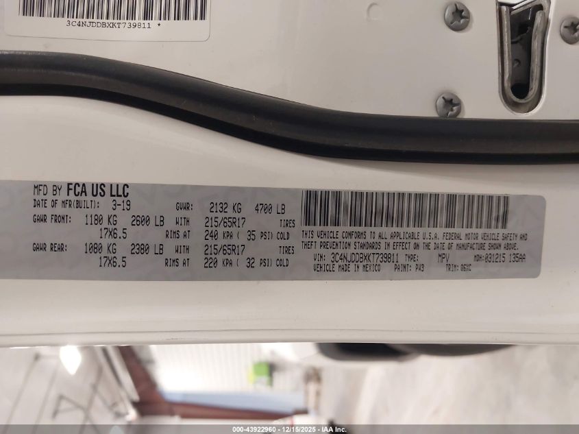 2019 Jeep Compass Trailhawk 4X4 VIN: 3C4NJDDBXKT739811 Lot: 43922960