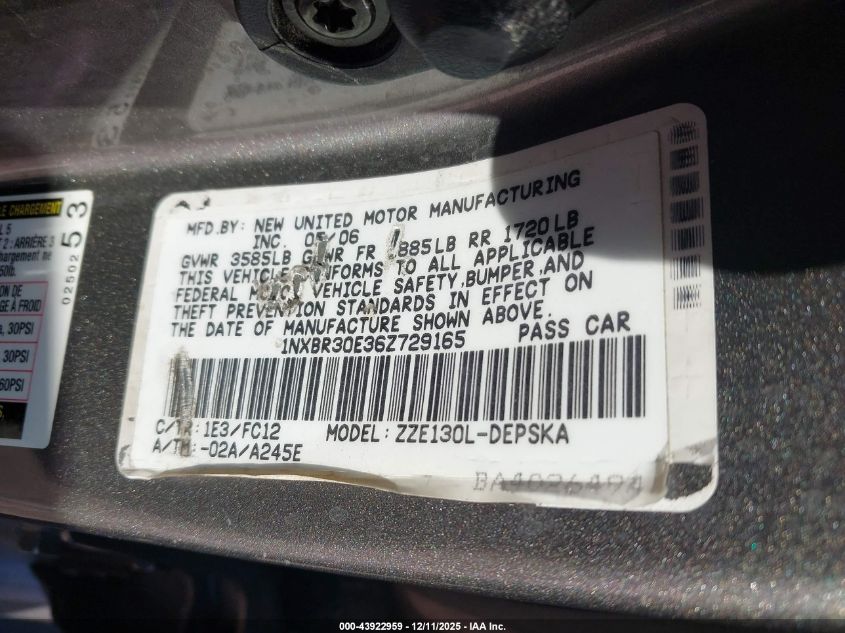 2006 Toyota Corolla S VIN: 1NXBR30E36Z729165 Lot: 43922959