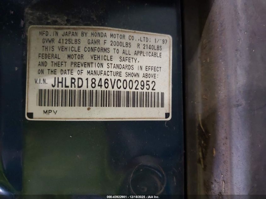 1997 Honda Cr-V VIN: JHLRD1846VC002952 Lot: 43922981