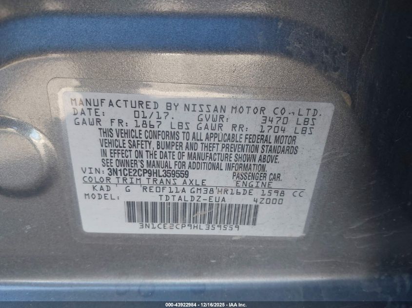 2017 Nissan Versa Note Sv VIN: 3N1CE2CP9HL359559 Lot: 43922984