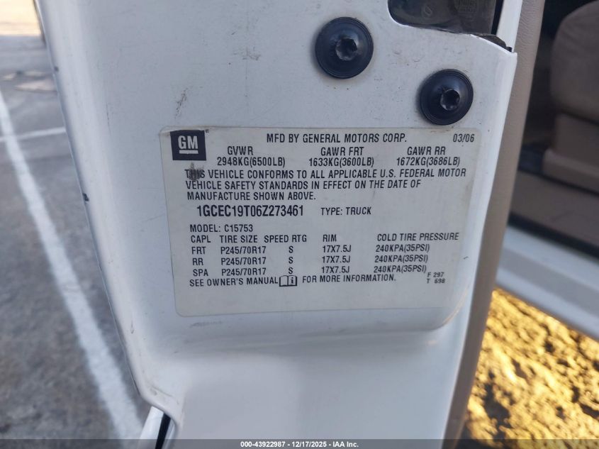 2006 Chevrolet Silverado 1500 Lt1 VIN: 1GCEC19T06Z273461 Lot: 43922987