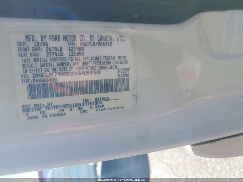 1997 Mercury Grand Marquis Gs VIN: 2MELM74W8VX645950 Lot: 43922989