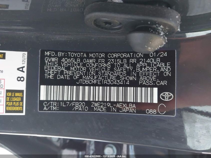 2024 Toyota Corolla Hybrid Le VIN: JTDBCMFE1R3043414 Lot: 43922995