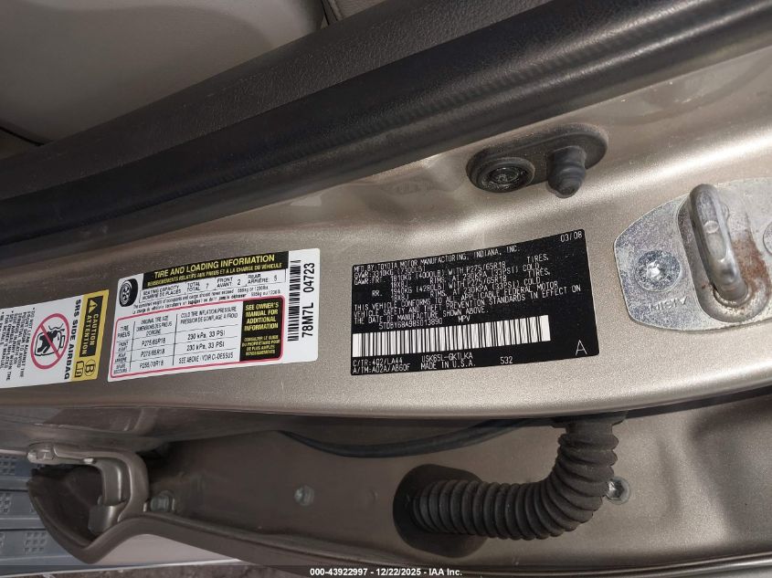 2008 Toyota Sequoia Limited 5.7L V8 VIN: 5TDBY68A98S013890 Lot: 43922997