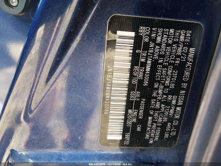 2021 Nissan Rogue Sport S Awd Xtronic Cvt VIN: JN1BJ1AW8MW430086 Lot: 43922998