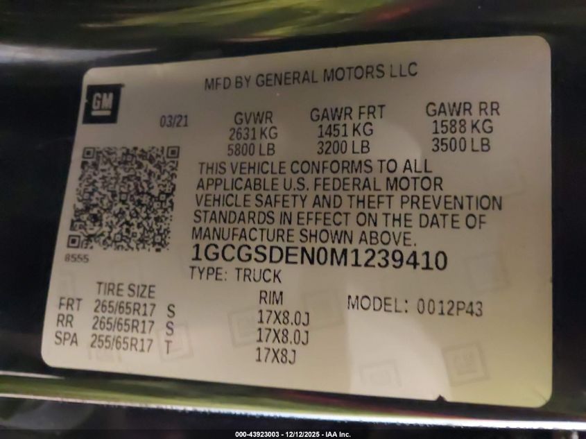 2021 Chevrolet Colorado 2Wd Short Box Z71 VIN: 1GCGSDEN0M1239410 Lot: 43923003